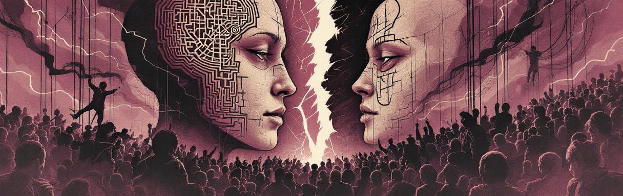 Abstract poster of split head, snapping strings – narrative contestation