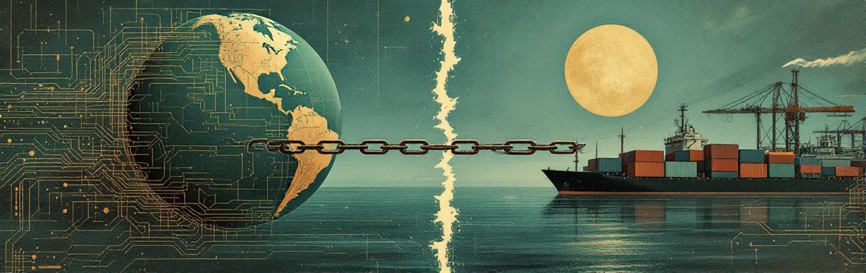 Abstract poster of circuit-board globe split by chain – decoupling dynamics