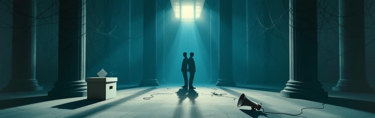 Abstract poster of courthouse pillars casting tangled shadows – institutional strain