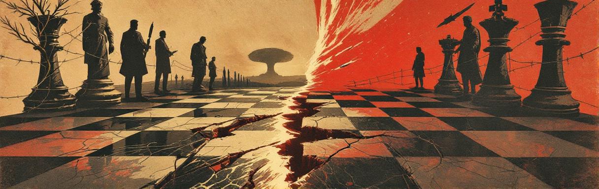 Abstract poster of fractured globe and chess pieces – geopolitical instability